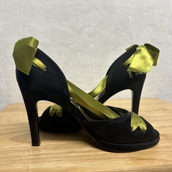 Beverly Feldman Vintage Black Satin Green Ribbon Platform Peep Toe Heels Size 7 - Picture 7 of 14